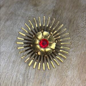 Vintage Sunburst, gold tone, red centre art deco style brooch